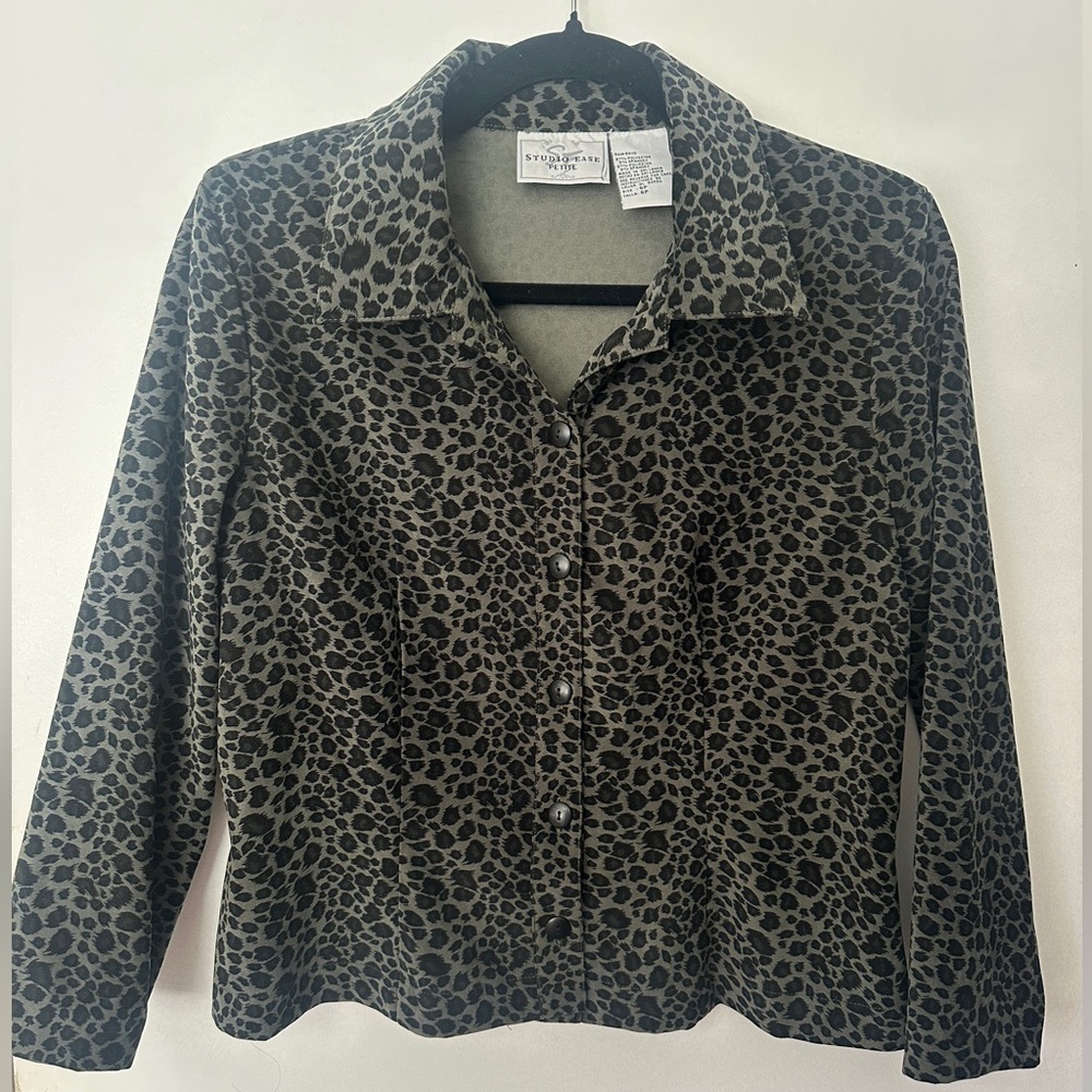 Animal Print Button-Up Long Sleeve Top - Olive Green & Black - Picture 1 of 5